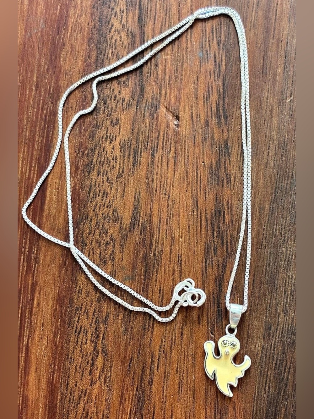 Ghost Pendant Necklace in Sterling Silver 925 Yellow Enamel Halloween SU 18”